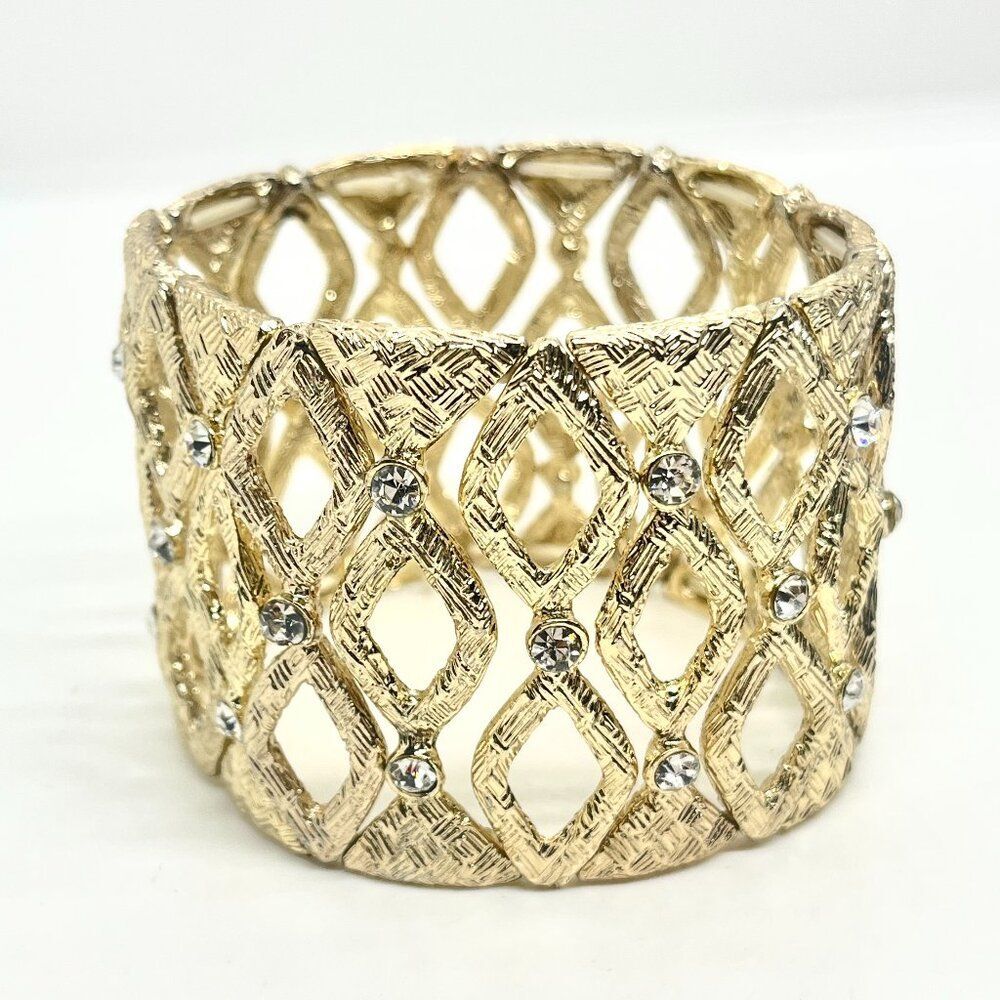VINTAGE RHINESTONE BRACELET Wide Gold Tone Stretch Diamond Lattice